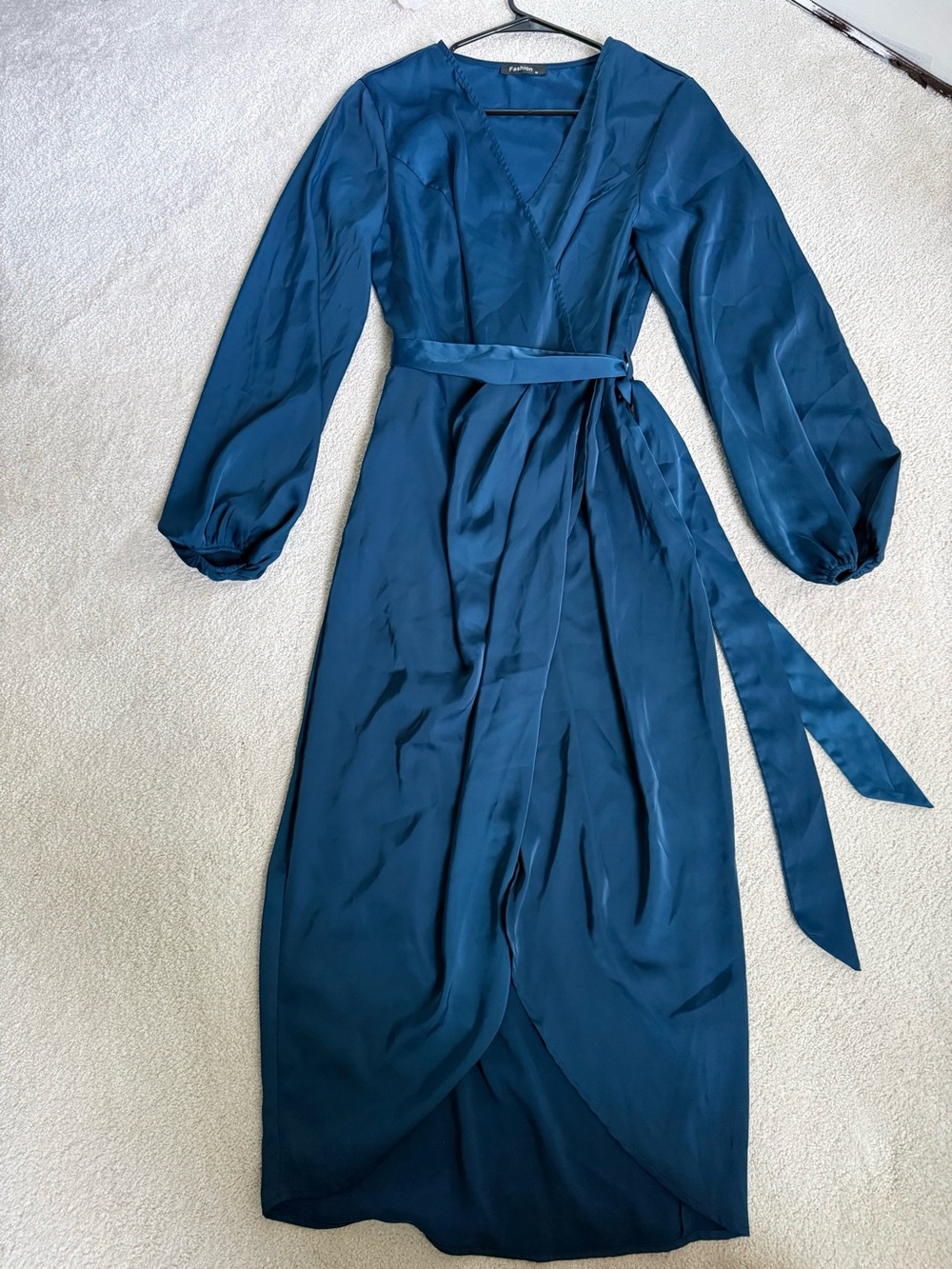 Deep Teal Wrap Maxi Dress with Belt Satin Silk Finish